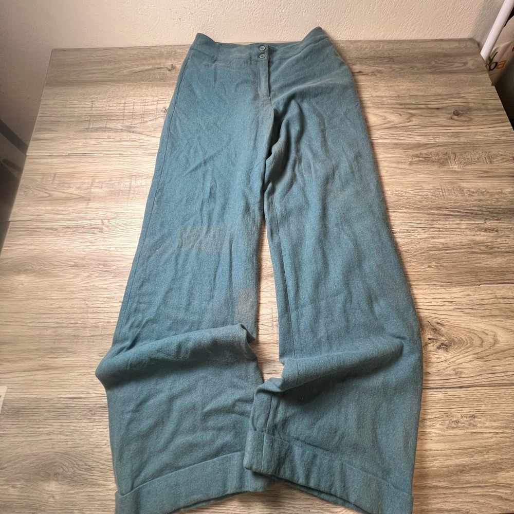 Unbranded Wide‎ Leg Wool Blend Trousers Womens 6 Teal Blue High Waist Cuffed Hem